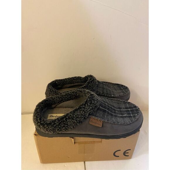 Dearfoam gray slippers size 11-12 faux fur trim hard soles - Picture 1 of 3